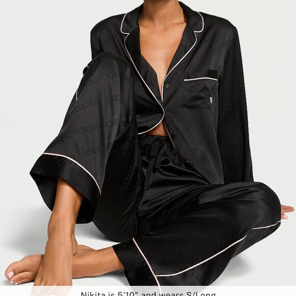 Victoria's Secret Glazed Satin Long Pajama Set Size S Black Regular Length - Picture 1 of 3